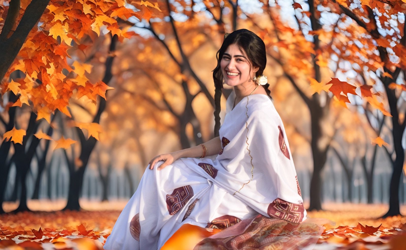 Hina Afridi smiling among autumn leaves, wearing a white and maroon embroidered outfit