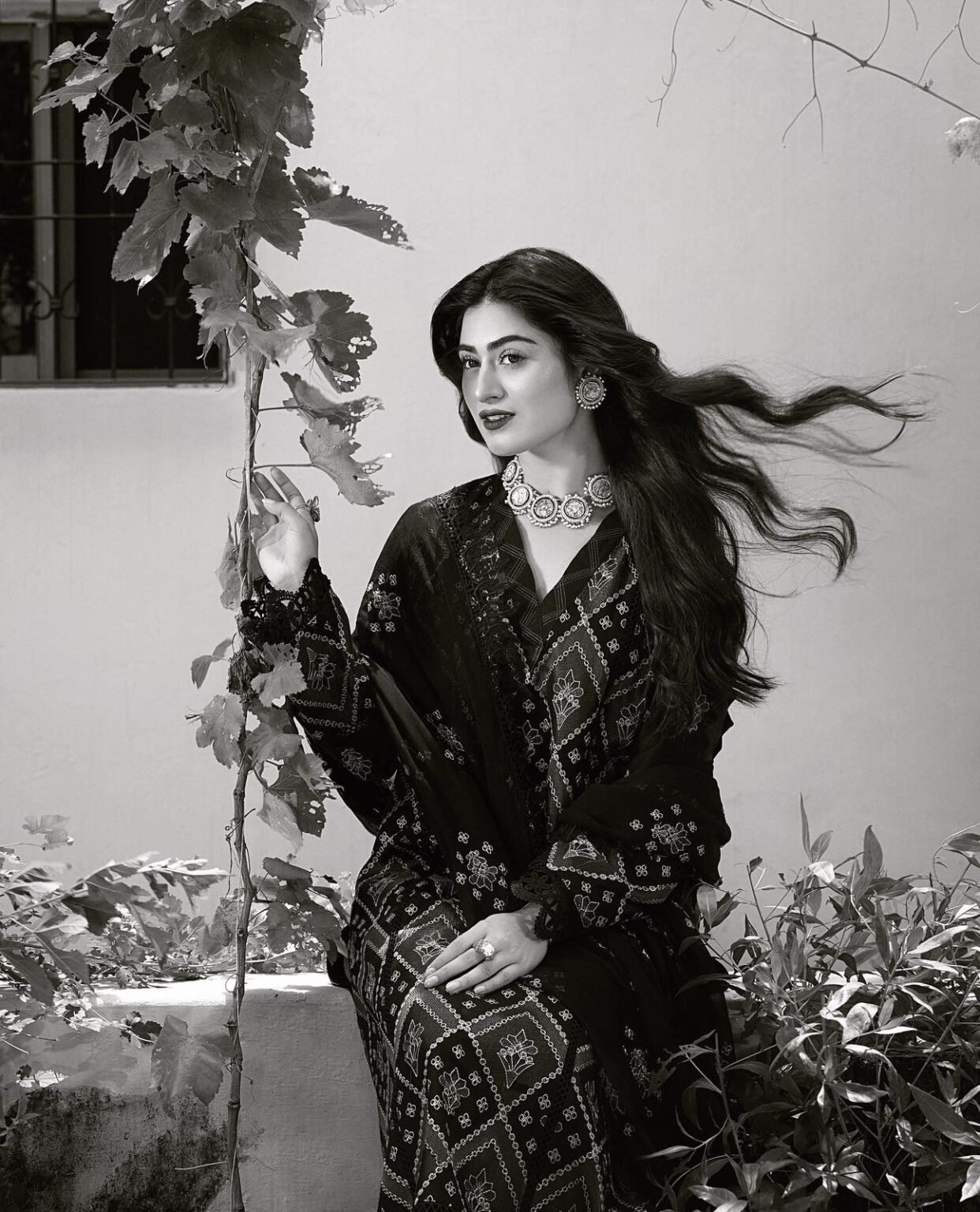 Hina Afridi, Pakistani actress, in a windswept black and white portrait